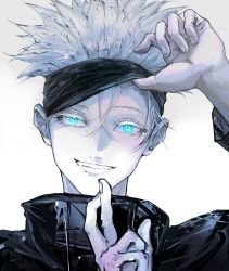Rule 34 | 1boy, absurdres, black jacket, blindfold, blindfold lift, blue eyes, colored eyelashes, crossed fingers, gojou satoru, grin, hair between eyes, high collar, highres, jacket, jujutsu kaisen, kf8fw, long sleeves, looking at viewer, male focus, muted color, pale skin, portrait, smile, solo, spiked hair, white background, white hair