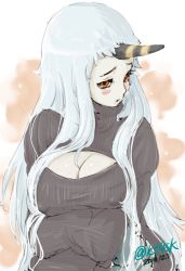 Rule 34 | 10s, 1girl, 2014, 4suke, abyssal ship, blush, breast hold, breasts, cleavage, cleavage cutout, clothing cutout, colored skin, dated, covered erect nipples, female focus, horns, image sample, kantai collection, large breasts, long hair, long sleeves, looking at viewer, meme attire, open-chest sweater, open mouth, orange eyes, ribbed sweater, seaport princess, single horn, solo, sweater, turtleneck, twitter username, very long hair, white hair, white skin