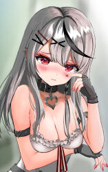 Rule 34 | 1girl, absurdres, arm strap, black collar, black hair, breast hold, breasts, camisole, cleavage, collar, ear piercing, eyebrows hidden by hair, fingerless gloves, gloves, grey hair, hair ornament, hairclip, highres, hololive, kamineshi, long hair, medium breasts, multicolored hair, nail polish, piercing, red eyes, red nails, sakamata chloe, solo, spiked ear piercing, streaked hair, tears, two-tone hair, upper body, virtual youtuber, white camisole, wiping tears, x hair ornament