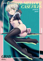 Rule 34 | 1girl, absurdres, adapted costume, ahoge, alternate costume, artist name, ass, bikini, black thighhighs, blush, border, bound, bound wrists, braid, character name, chinese commentary, commentary request, cropped jacket, dated, fate (series), french braid, frerl, full body, fur trim, gray (fate), green eyes, grey hair, highres, hood, hoodie, legs, lips, looking back, looking to the side, lord el-melloi ii case files, micro bikini, no shoes, parted lips, short hair with long locks, solo, striped bikini, striped clothes, swimsuit, thighhighs, zoom layer
