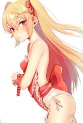 Rule 34 | 1girl, absurdres, apron, arched back, armpit crease, ass, azur lane, babutan, bare shoulders, blonde hair, blush, box, braid, breasts, commentary request, crescent (azur lane), embarrassed, french braid, frilled apron, frills, from side, garter belt, gift, gift box, hair between eyes, highres, holding, holding gift, long hair, looking at viewer, panties, red apron, red eyes, side-tie panties, sidelocks, simple background, small breasts, solo, standing, two side up, underwear, white background, white panties