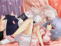 Rule 34 | 2girls, apron, ass, black panties, bloomers, blue hair, couple, eye contact, female focus, garter straps, hand on another&#039;s face, izayoi sakuya, kuku px, looking at another, lying, maid, maid apron, maid headdress, multiple girls, navel, on back, open mouth, panties, puffy short sleeves, puffy sleeves, red eyes, remilia scarlet, saliva, saliva trail, short hair, short sleeves, silver hair, socks, touhou, underwear, yuri