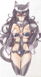 Rule 34 | 1girl, animal ear fluff, animal ears, animal hands, bare shoulders, black hair, breasts, brown eyes, cat ears, cat girl, cat tail, closed mouth, covered navel, gloves, groin, highres, long hair, looking at viewer, murata tefu, original, simple background, solo, tail, white background