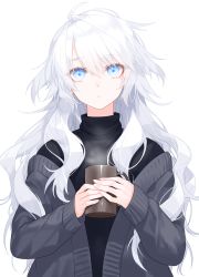 Rule 34 | 1girl, :o, black sweater, blue eyes, commentary request, cup, grey hair, grey jacket, highres, holding, holding cup, jacket, long hair, off shoulder, original, parted lips, simple background, sleeves past wrists, solo, steam, sweater, teeth, turtleneck, turtleneck sweater, upper body, waka (shark waka), wavy hair, white background