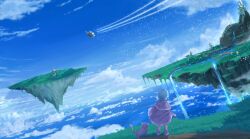 Rule 34 | 1boy, above clouds, aircraft, airship, alfador, black cat, castle, cat, chrono trigger, cloud, commentary request, fantasy, floating island, grass, highres, janus zeal, male focus, mountain, ocean, outdoors, photoshop (medium), santo moco, scenery, sky, standing, water, waterfall