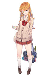 Rule 34 | 1girl, bag, bag charm, blonde hair, blouse, blush, brown socks, cardigan, cellphone, charm (object), closed mouth, fangxiang cuoluan, full body, green eyes, highres, holding, holding phone, kneehighs, long hair, looking at viewer, miniskirt, original, phone, red skirt, school bag, shirt, sidelocks, simple background, skirt, smartphone, socks, solo, standing, tsurime, white background, white shirt, white socks