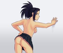 Rule 34 | 1girl, ass, black hair, black skirt, boku no hero academia, breasts, closed mouth, clothes lift, commentary, cowboy shot, from behind, hand on own hip, hand up, highres, long hair, looking at viewer, looking back, medium breasts, miniskirt, no panties, pleated skirt, ponytail, pussy, sideboob, skirt, skirt lift, solo, standing, suoiresnu, topless, yaoyorozu momo