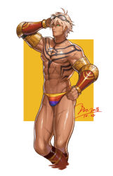 Rule 34 | 1boy, abs, arm tattoo, artist name, bara, biceps, bikini briefs, blonde hair, blue eyes, breasts, character request, chest tattoo, crossed legs, dungeon and fighter, ear piercing, earrings, facial hair, gauntlets, goggles, hand on own hip, highres, jewelry, jin (sirius-j), large breasts, large pectorals, leg armor, looking at viewer, male focus, male underwear, male underwear pull, manly, mature male, multicolored male underwear, muscular, muscular male, neck tattoo, no pants, pectorals, piercing, scar, scar on arm, scar on leg, smirk, solo, stomach tattoo, stubble, tattoo, topless male, underwear