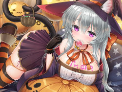 Rule 34 | 1girl, animal ear fluff, animal ears, balloon, blush, body writing, breasts, candy, cat ears, cat tail, cleavage, commentary request, ears through headwear, fishnet gloves, fishnets, food, gloves, grey hair, hair between eyes, halloween, hat, holding, holding with tail, kei kei, large breasts, lollipop, long hair, looking at viewer, lying, mouth hold, neck ribbon, on stomach, orange ribbon, original, prehensile tail, pumpkin, purple eyes, ribbon, see-through, see-through skirt, skirt, star (symbol), star print, striped clothes, striped thighhighs, tail, thighhighs, twitter username, witch hat