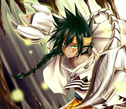 Rule 34 | &gt;:(, 1boy, braid, cape, character request, facepaint, frown, green eyes, green hair, headband, long hair, looking at viewer, male focus, nichrom, pointy hair, scorpion tail, shaman king, single braid, solo, tail, v-shaped eyebrows, white cape, yoshimoto (pag dog)