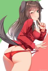 Rule 34 | 1girl, absurdres, animal ears, ass, blush, breasts, brown hair, butt crack, dog ears, dog tail, federica n. doglio, finger to mouth, green eyes, highres, hiroshi (hunter-of-kct), large breasts, long hair, looking at viewer, looking back, one eye closed, panties, red panties, red shirt, shirt, smile, solo, strike witches, tail, underwear, world witches series