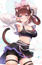 Rule 34 | 1girl, :3, animal ears, armpits, arms up, ayamy, ayamy (vtuber), bandaid, belt, bike shorts, black shirt, black shorts, black skirt, blue eyes, blush, breasts, brown hair, cat ears, cat girl, cat hair ornament, cat tail, cleavage, closed mouth, commentary, cowboy shot, crop top, drawstring, earrings, fang, hair ornament, hair ribbon, hair rings, highres, indie virtual youtuber, jewelry, large breasts, long hair, long sleeves, looking at viewer, midriff, miniskirt, navel, ribbon, shirt, short shorts, shorts, shorts under skirt, shrug (clothing), skirt, sleeveless, sleeveless shirt, smile, smug, solo, standing, stomach, symbol-only commentary, tail, tail raised, thigh strap, thighs, twintails, virtual youtuber, x hair ornament