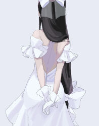 Rule 34 | 1girl, ace attorney, arms behind back, back, bare shoulders, black hair, bow, dress, facing away, from behind, gloves, grey background, hair ornament, highres, long hair, maya fey, omen hohoho, own hands together, simple background, solo, white bow, white dress, white gloves