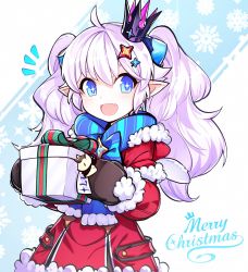 Rule 34 | + +, 1girl, ^^^, ahoge, alternate costume, bad id, bad twitter id, blue eyes, blue neckwear, blue scarf, blush, box, brown gloves, character doll, christmas, crown, demon power (elsword), elsword, fang, fangs, fur trim, gift, gift box, gloves, happy, highres, holding, holding gift, hwansang, light purple hair, long hair, looking at viewer, luciela r. sourcream, merry christmas, mini crown, mittens, open mouth, phoru (elsword), pointy ears, santa costume, scarf, smile, snowflake background, solo, symbol-shaped pupils, twintails, upper body