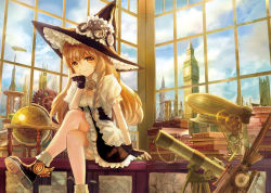 Rule 34 | 1girl, aircraft, black hat, blonde hair, book, boots, braid, broom, clock, clock tower, cloud, commentary request, day, dirigible, dress, fingerless gloves, gears, globe, gloves, hair between eyes, hat, head rest, hourglass, keiko (mitakarawa), kirisame marisa, long hair, looking at viewer, sitting, smile, solo, steampunk, telescope, touhou, tower, window, witch hat, yellow eyes