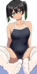 Rule 34 | 1girl, absurdres, bare shoulders, black one-piece swimsuit, blush, breasts, collarbone, commentary request, ereka, feet, furrowed brow, gradient hair, green eyes, green hair, hair between eyes, highres, looking down, love live!, love live! nijigasaki high school idol club, multicolored hair, one-piece swimsuit, short hair, sidelocks, small breasts, solo, sweatdrop, swimsuit, takasaki yu, tan, tanline, thighhighs, twintails, wavy mouth, white background, white thighhighs