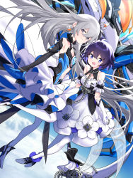 Rule 34 | 2girls, :d, absurdres, ahoge, arm cuffs, bad id, bad pixiv id, bare shoulders, black gloves, blue eyes, blue hair, blurry, blurry background, breasts, bronya zaychik, bronya zaychik (herrscher of reason), brooch, center opening, chain, cloud, collar, collarbone, commentary request, crossed bangs, crown, dress, dress flower, earrings, elbow gloves, flat chest, floating, frilled collar, frills, full body, glint, gloves, grey eyes, grey hair, high heels, highres, holding, holding scythe, honkai (series), honkai impact 3rd, jell (jell y fish), jewelry, keyhole, layered dress, long hair, looking at viewer, mini crown, multicolored hair, multiple girls, open mouth, pantyhose, project bunny, purple hair, scythe, seele vollerei, seele vollerei (stygian nymph), sidelocks, single elbow glove, skirt, sky, sleeveless, sleeveless dress, small breasts, smile, tilted headwear, two-tone dress, two-tone hair, white dress, white gloves, white legwear, white skirt