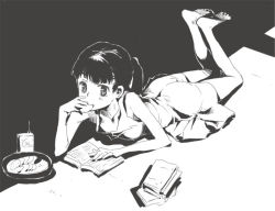 Rule 34 | ass, barefoot, blush, book, dress, eating, feet, greyscale, legs, lying, monochrome, mura (kanojo no oukoku), short twintails, solo, twintails