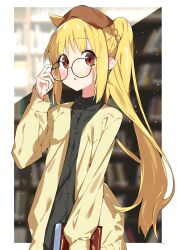 Rule 34 | 1girl, :o, absurdres, adjusting eyewear, ahoge, beret, bespectacled, black-framed eyewear, black shirt, blonde hair, blurry, blurry background, blush, bocchi the rock!, book, bookshelf, braid, brown eyes, brown hat, collared shirt, commentary request, depth of field, dress shirt, glasses, hand on eyewear, hand up, hat, highres, holding, holding book, ijichi nijika, jacket, looking at viewer, open clothes, open jacket, parted lips, round eyewear, shirt, side ponytail, solo, suta0822, upper body, yellow jacket