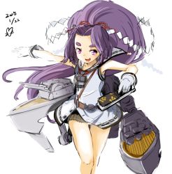 Rule 34 | 10s, 1girl, belt, dress, eyebrows, folded fan, folding fan, gloves, hair ornament, hair ribbon, hand fan, hatsuharu (kancolle), kantai collection, long hair, looking at viewer, momo (higanbana and girl), open mouth, ponytail, purple eyes, purple hair, ribbon, sailor dress, school uniform, shide, short eyebrows, simple background, smile, solo, very long hair, weapon, white background