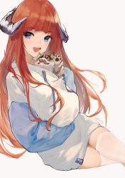 Rule 34 | 1girl, :d, absurdres, alternate costume, animal, animal in clothes, arknights, bagpipe (arknights), crossed legs, dog, dragon horns, drawstring, dress, highres, horns, huge filesize, kioroshin, long hair, long sleeves, open mouth, orange hair, signature, simple background, sitting, smile, solo, sweater, sweater dress, thighhighs, very long hair, white background, white dress, white sweater, white thighhighs, zettai ryouiki