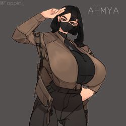 Rule 34 | 1girl, backpack, bag, black eyes, black hair, breasts, camouflage, clothing cutout, desert camouflage, dog tags, fupu, hot, huge breasts, jacket, jewelry, looking at viewer, mask, mature female, military, military jacket, military uniform, mouth mask, necklace, open clothes, open jacket, original, salute, simple background, solo, tactical clothes, uniform