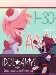 Rule 34 | 1boy, 1girl, amy rose, animal ears, animal nose, blush, bow, closed eyes, closed mouth, commentary, cover, cover page, dress, english commentary, english text, flower, furry, furry female, furry male, gloves, highres, holding, holding flower, idol, idol clothes, kumo zd, red bow, red eyes, red flower, red rose, rose, shadow the hedgehog, shoes, sitting, smile, sonic (series), white dress, white gloves, white headwear