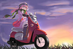 Rule 34 | 1girl, :d, aqua eyes, boots, coat, goggles, goggles on headwear, hawe king, helmet, long hair, motor vehicle, open mouth, original, pink hair, riding, scarf, scooter, smile, solo, vehicle, wind