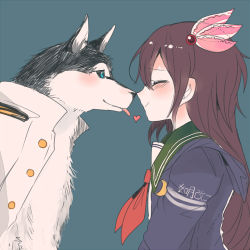 Rule 34 | 10s, 1girl, admiral (kancolle), animal, animalization, blush, brown hair, closed mouth, clothed animal, crescent, dog, from side, hair ornament, heart, itomugi-kun, jacket, kantai collection, kisaragi (kancolle), licking lips, long hair, lowres, military, military uniform, naval uniform, non-human admiral (kancolle), red ribbon, remodel (kantai collection), ribbon, school uniform, serafuku, simple background, sketch, smile, tongue, tongue out, uniform
