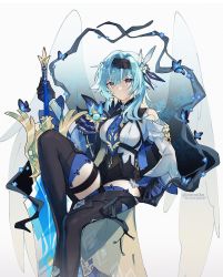 Rule 34 | 1girl, aqua hair, black footwear, black gloves, black hairband, blue butterfly, blue necktie, boots, breasts, bug, butterfly, closed mouth, commentary, detached sleeves, emmikn, english commentary, eula (genshin impact), genshin impact, gloves, greatsword, hair ornament, hairband, highres, holding, holding sword, holding weapon, insect, medium breasts, necktie, purple eyes, sitting, solo, sword, thigh boots, thighhighs, twitter username, vision (genshin impact), weapon