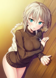 Rule 34 | 10s, 1girl, anastasia (idolmaster), blonde hair, bottomless, breasts, brown theme, coat, cross, cross necklace, earrings, idolmaster, idolmaster cinderella girls, jewelry, kisugi akira, long sleeves, looking at viewer, lying, naked sweater, necklace, on side, parted lips, ribbed sweater, short hair, solo, sweater, thighs, tsurime, wooden floor