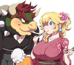 Rule 34 | 1boy, 1girl, alternate costume, bad id, bad pixiv id, blonde hair, blue eyes, blush, bowser, breasts, chopsticks, collar, earrings, eye contact, eyelashes, fingernails, floral print, flower, food, hair between eyes, hair flower, hair ornament, hakama, hakama skirt, haori, holding, holding chopsticks, holding plate, horns, japanese clothes, jewelry, kimono, large breasts, looking at another, mario (series), mohawk, monster, nail polish, new year, nintendo, obi, pink kimono, pink nails, plate, princess peach, red hair, sash, sharing food, side ponytail, simple background, single horn, skirt, slurping, smile, spiked collar, spiked hair, spikes, sushi, sweatdrop, thick eyebrows, upper body, white background, yukata, zabumaku