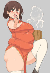 Rule 34 | 1girl, absurdres, bamboo steamer, bifizu&#039;s gold, breasts, brown eyes, brown hair, china dress, chinese clothes, dress, fat, glasses, highres, large breasts, original, short hair, solo, standing, thick thighs, thighhighs, thighs