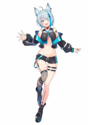 Rule 34 | 1girl, :d, ahoge, animal ear fluff, animal ears, animare, bare legs, bare shoulders, black shirt, black shorts, blue eyes, blue hair, boots, breasts, choker, crop top, cropped jacket, dog ears, eyes visible through hair, full body, hair ornament, hair over one eye, hairclip, highleg, highres, jacket, jewelry, kokka han, large breasts, leg belt, long sleeves, looking at viewer, midriff, multicolored hair, nail polish, nanashi inc., navel, off shoulder, open clothes, open jacket, open mouth, puffy sleeves, ring, shirt, short hair, short shorts, shorts, silver hair, simple background, single thighhigh, sleeveless, sleeveless shirt, smile, solo, souya ichika, souya ichika (4th costume), stomach, streaked hair, thighhighs, underboob, virtual youtuber, white background