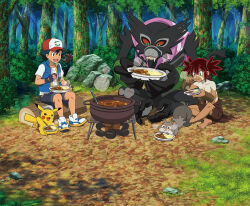 Rule 34 | 4boys, ash ketchum, barefoot, black hair, bodypaint, brown hair, claws, creatures (company), dark-skinned male, dark skin, eating, fangs, food, forest, game freak, gen 1 pokemon, gen 8 pokemon, hair between eyes, hair tie, highres, holding, holding food, koko (pokemon), leaf, male focus, monkey tail, multiple boys, mythical pokemon, nature, nintendo, official art, pikachu, pokemon, pokemon (anime), pokemon (creature), pokemon the movie: secrets of the jungle, salute, sitting, skwovet, smile, source request, tail, title, tongue, topless male, translation request, tree, zarude, zarude (dada)