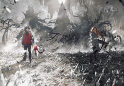Rule 34 | 1boy, 1girl, absurdres, animal collar, black hair, black pants, bow (weapon), coat, collar, collared shirt, crystal, debris, dog, highres, holding, holding bow (weapon), holding weapon, jacket, long hair, monster, original, pants, red shirt, red vest, rubble, scenery, shirt, short hair, standing, syo5, vest, weapon, white dog, wide shot