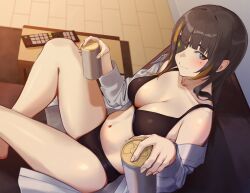 Rule 34 | 1girl, 3 small spiders, absurdres, beer can, black bra, black hair, black panties, blush, bra, breasts, can, cleavage, closed mouth, commentary, commentary request, controller, couch, drink can, eyepatch, girls&#039; frontline, highres, holding, holding can, indoors, large breasts, long hair, looking at viewer, m16a1 (girls&#039; frontline), mole, mole under eye, multicolored hair, navel, off shoulder, open clothes, open shirt, orange hair, panties, remote control, scar, scar across eye, shirt, sitting, smile, solo, streaked hair, underwear, white shirt