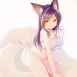Rule 34 | 1girl, :q, ahri (league of legends), alternate costume, animal ears, arched back, artist name, bell, breasts, cat cutout, cat lingerie, choker, cleavage cutout, clothing cutout, eyebrows, fox ears, fox tail, frills, jingle bell, kneeling, large breasts, league of legends, long hair, looking at viewer, meme attire, mizoreame, multiple tails, navel, neck bell, panties, purple hair, side-tie panties, simple background, solo, stomach, swept bangs, tail, tongue, tongue out, underwear, underwear only, white panties, yellow eyes