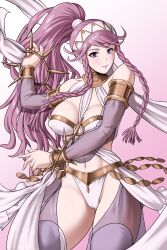 Rule 34 | 1girl, absurdres, armlet, braided sidelock, breasts, cameltoe, dancer, detached sleeves, fire emblem, fire emblem awakening, gold trim, headband, high ponytail, highres, jewelry, long hair, looking at viewer, medium breasts, midriff, navel, nintendo, olivia (fire emblem), pink hair, ponytail, purple eyes, rakusai (saisai garou), ring, see-through, see-through sleeves, shawl, smile, solo, spiked ring, very long hair, white background, white shawl