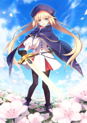 Rule 34 | 1girl, artoria caster (fate), artoria caster (second ascension) (fate), artoria pendragon (fate), belt, beret, black gloves, black pantyhose, blonde hair, blue cape, blue hat, blue sky, blush, breasts, buttons, cape, double-breasted, dress, excalibur (fate/stay night), fate/grand order, fate (series), field, flower, flower field, gloves, green eyes, hat, highres, hood, hooded cape, long hair, long sleeves, looking at viewer, multicolored cape, multicolored clothes, open mouth, pantyhose, red cape, saipaco, sky, small breasts, smile, solo, sword, twintails, weapon, white dress