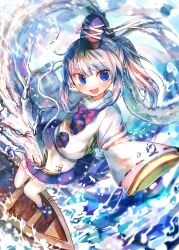 Rule 34 | 1girl, :d, absurdres, blue eyes, blue footwear, blue skirt, boat, commentary request, dragon, foreshortening, full body, grey hair, highres, itsumizu, japanese clothes, kariginu, long sleeves, looking at viewer, medium hair, mononobe no futo, open mouth, ponytail, ribbon-trimmed sleeves, ribbon trim, skirt, smile, touhou, watercraft