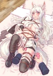 Rule 34 | 1girl, absurdres, animal ear fluff, animal ears, areola slip, arknights, arms behind back, bdsm, bed, black footwear, black thighhighs, blush, bondage, bound, breasts, chinese commentary, commentary request, commission, disembodied hand, grey eyes, highres, indoors, jacket, large breasts, large tail, leveen, long hair, looking at viewer, lying, navel, on back, pillow, platinum (arknights), rope, second-party source, sex toy, shoes, short shorts, shorts, silver hair, solo focus, stomach, tail, thighhighs, thighs, very long hair, vibrator, white jacket, white shorts, wooden floor