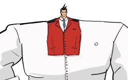 Rule 34 | 1boy, ace attorney, apollo justice, blue necktie, broad shoulders, brown hair, highres, jacket, male focus, necktie, red vest, sattou, small head, smile, solo, upper body, v-shaped eyebrows, vest, white jacket