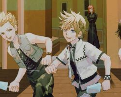 Rule 34 | 3boys, axel (kingdom hearts), black coat, black coat (kingdom hearts), black gloves, black shirt, blonde hair, blue eyes, bracelet, brown eyes, camouflage, camouflage pants, coat, cropped jacket, crossed arms, facial mark, food, gloves, green eyes, green jacket, hayner, highres, holding, holding food, holding ice cream, ice cream, ice cream bar, jacket, jewelry, kingdom hearts, kingdom hearts ii, long coat, male focus, medium hair, multiple boys, necklace, open clothes, open jacket, open mouth, outdoors, pants, red hair, ring, roxas, running, shirt, short hair, short sleeves, sleeveless, sleeveless shirt, smile, spiked hair, tdmmt r, teardrop facial mark, town, twilight, white jacket, wristband, zipper