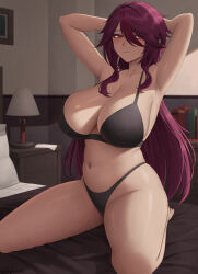 Rule 34 | 1girl, alternate hair length, alternate hairstyle, armpits, arms up, barefoot, bed, black bra, black panties, blush, bra, breasts, cleavage, closed mouth, collarbone, commentary, english commentary, genshin impact, hair between eyes, highres, indoors, kneeling, lamp, large breasts, lingerie, long hair, looking at viewer, multicolored hair, navel, on bed, panties, pillow, purple hair, red eyes, red hair, rosaria (genshin impact), sidelocks, smile, solo, stomach, streaked hair, thick thighs, thighs, underwear, variant set, zaphn