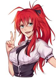 Rule 34 | 10s, 1girl, ahoge, alternate hairstyle, bare arms, blue eyes, blush, bow, bowtie, breasts, collared shirt, female focus, hair between eyes, hair ribbon, high school dxd, highres, large breasts, lips, long hair, naughty face, neck, open mouth, ponytail, red hair, rias gremory, ribbon, school uniform, shirt, short sleeves, simple background, smile, solo, teeth, upper body, v, white background