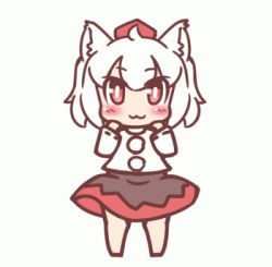 Rule 34 | 1girl, :3, animal ears, animated, animated gif, arm up, blush, dancing, detached sleeves, hat, inubashiri momiji, lowres, maitora, one eye closed, red eyes, shirt, simple background, skirt, solo, tail, tokin hat, touhou, white background, white hair, wolf ears, wolf tail