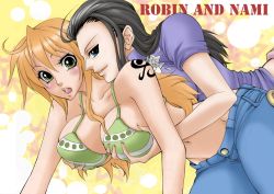Rule 34 | blue eyes, grabbing another&#039;s breast, breasts, chikaburo, grabbing, green eyes, large breasts, nami (one piece), nico robin, one piece, orange hair