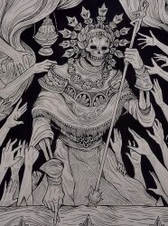 Rule 34 | 1other, absurdres, blasphemous, censer, fol463, gloves, greyscale, headdress, highres, holding, holding weapon, melquiades the exhumed archbishop, monochrome, robe, skeleton, skull, solo focus, weapon