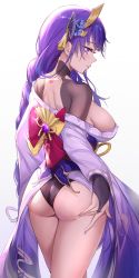 Rule 34 | 1girl, absurdres, ass, black panties, blue flower, blush, braid, breasts, bridal gauntlets, closed mouth, commentary request, cowboy shot, flower, from behind, genshin impact, hair flower, hair ornament, highres, japanese clothes, kimono, large breasts, long hair, long sleeves, looking away, mitsudomoe (shape), mole, mole under eye, nail polish, obi, off shoulder, panties, pdxen, profile, purple eyes, purple hair, purple kimono, purple nails, raiden shogun, sash, simple background, solo, standing, tassel, tomoe (symbol), underwear, very long hair, white background